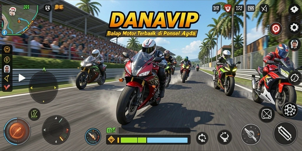 Screenshot gameplay DANAVIP yang menunjukkan balapan motor mendebarkan.