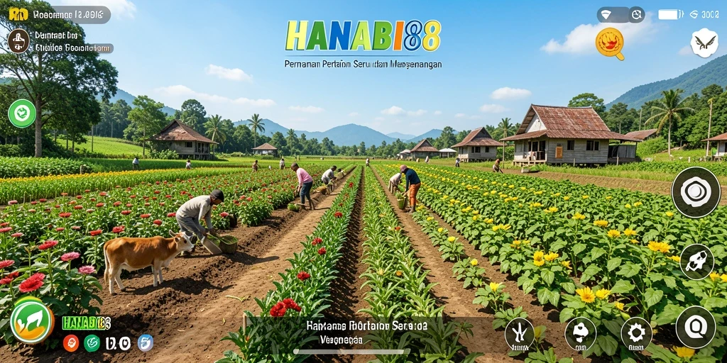 Tampilan menarik dari gameplay <strong>HANABI88</strong> dalam bertani dan mengelola hasil panen.