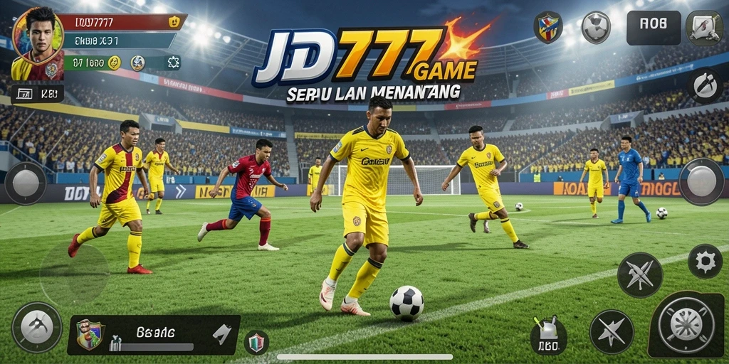 Gameplay ID777 menampilkan aksi seru di lapangan sepak bola.