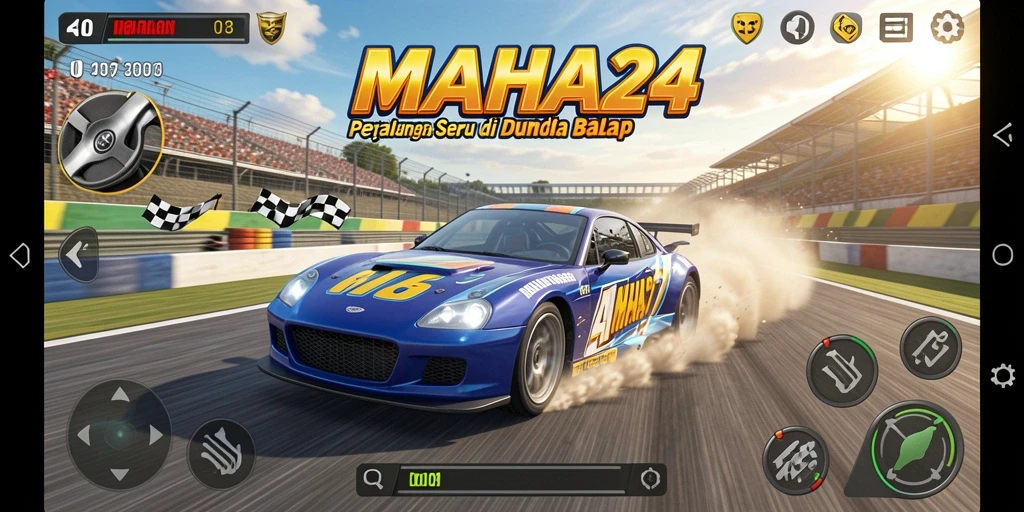 Screenshot gameplay MAHA24 menampilkan aksi balapan seru dan mobil yang berkilau.
