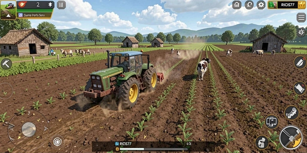 Tampilan gameplay RICIS77 dengan aktivitas bertani yang seru.